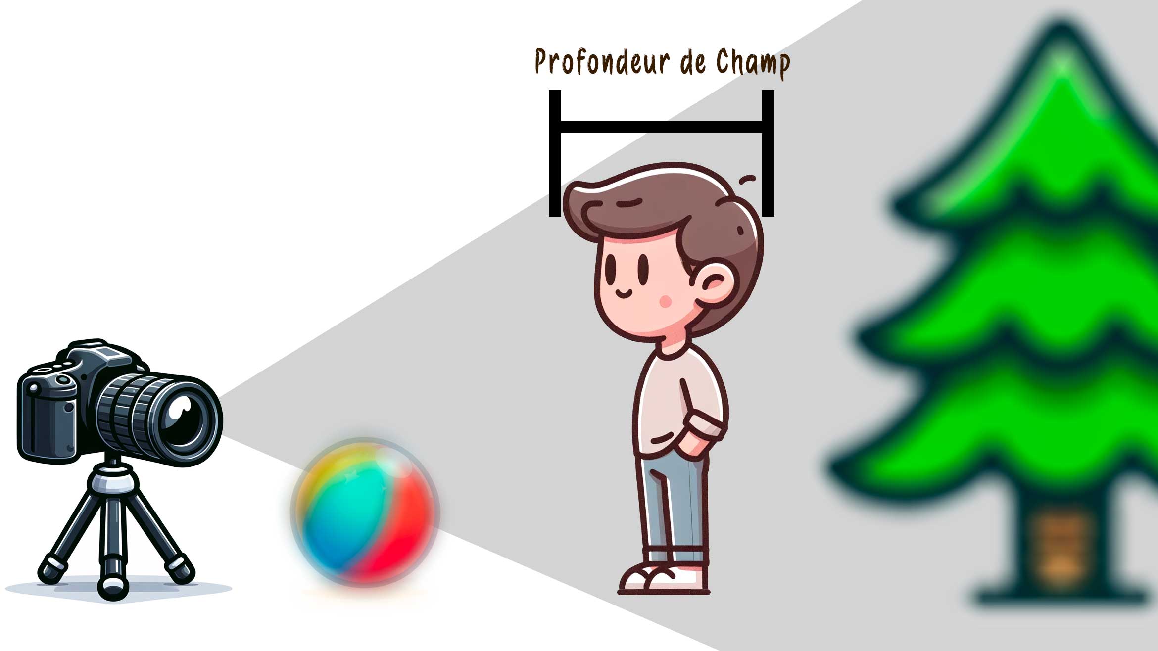 Illustration en style cartoon expliquant la profondeur de champ en photographie, avec un appareil photo sur trépied, un ballon de plage flou au premier plan, un personnage net au milieu, et un arbre flou en arrière-plan. L'image montre comment l'ouverture du diaphragme influence la netteté des objets à différentes distances.