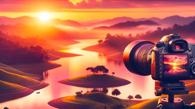 Illustration d'un paysage serein au coucher du soleil avec un appareil photo sur trépied capturant la scène, représentant la beauté de la nature et l'art de la photographie.