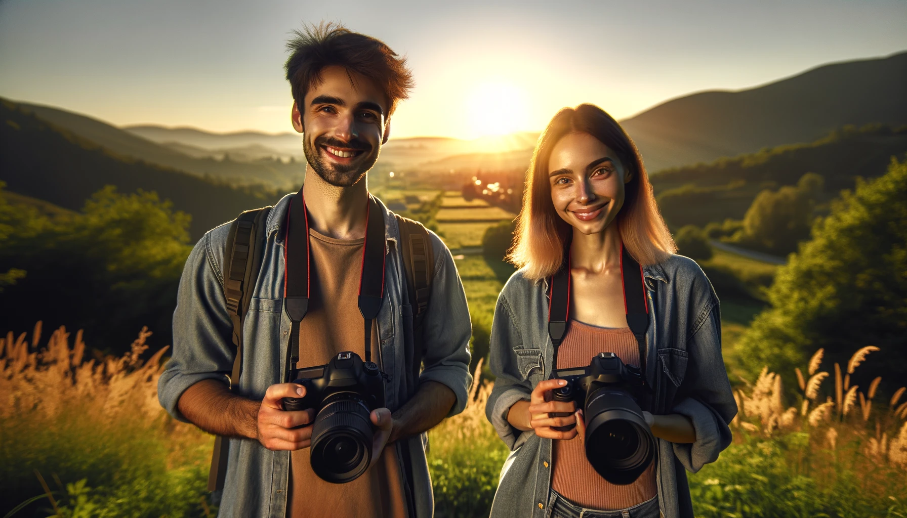 Photographes débutants de type caucasien et guadeloupéen, tenant des appareils photo DSLR, debout dans un paysage pittoresque lors de l'heure dorée, avec un ciel clair, des rayons de soleil chaleureux, une végétation luxuriante et une chaîne de montagnes en arrière-plan.