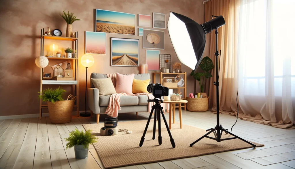 Comment Créer un Studio Photo à Domicile : Transformez un coin de votre maison en un studio photo confortable avec un éclairage doux, un appareil photo installé sur un trépied et une chaise ergonomique. L'arrière-plan est agrémenté de fonds colorés et de matériel photographique soigneusement arrangé pour une touche professionnelle.