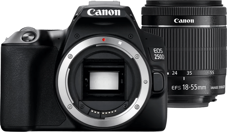 Kit Canon EOS 250D avec objectif zoom 18-55mm, idéal pour les photographes amateurs et experts, offrant un ensemble compact et polyvalent avec des capacités de zoom exceptionnelles pour des images de haute qualité.