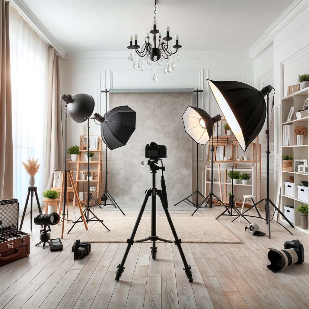 Studio photo à domicile aménagé dans une pièce vide, avec éclairage professionnel, fonds colorés, appareil photo sur trépied et équipements disposés de manière organisée pour un rendu professionnel.