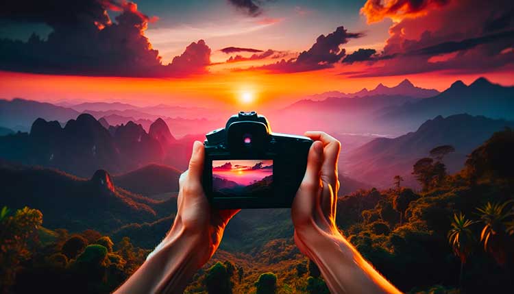 Main d'un photographe tenant un appareil photo DSLR, prenant une photo d'un coucher de soleil vibrant au-dessus d'une chaîne de montagnes, avec un ciel aux couleurs orange et rose, de la verdure et des silhouettes de montagnes.