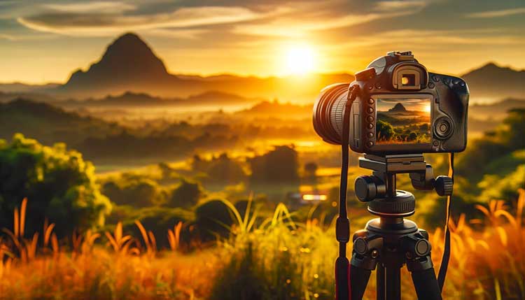 Appareil photo sur trépied au coucher du soleil – Apprendre la photo de paysage pas à pas, même sans expérience professionnelle