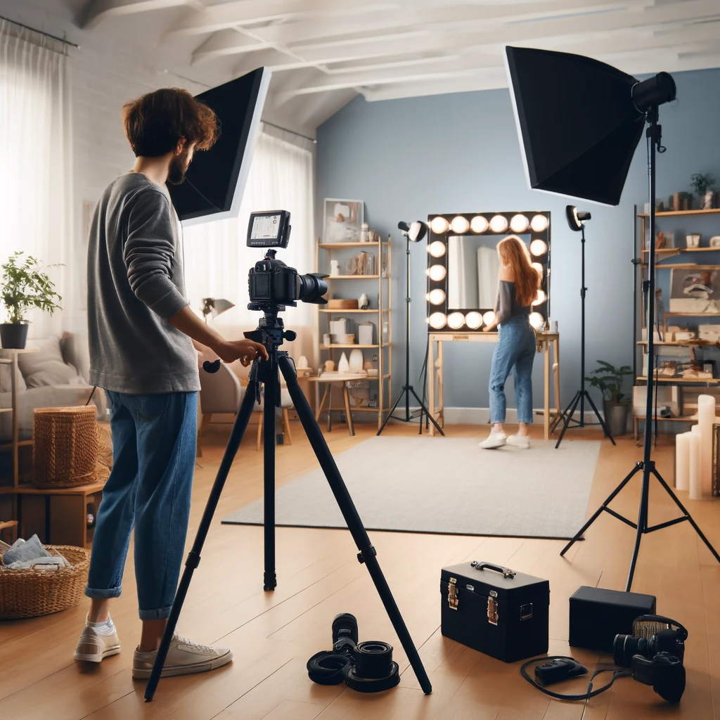 Configuration de studio photo professionnel chez soi avec Neewer 2 Packs Dimmable Bi-color 480 LED Video Light and Stand, idéal pour un éclairage optimal et des photos de qualité studio.