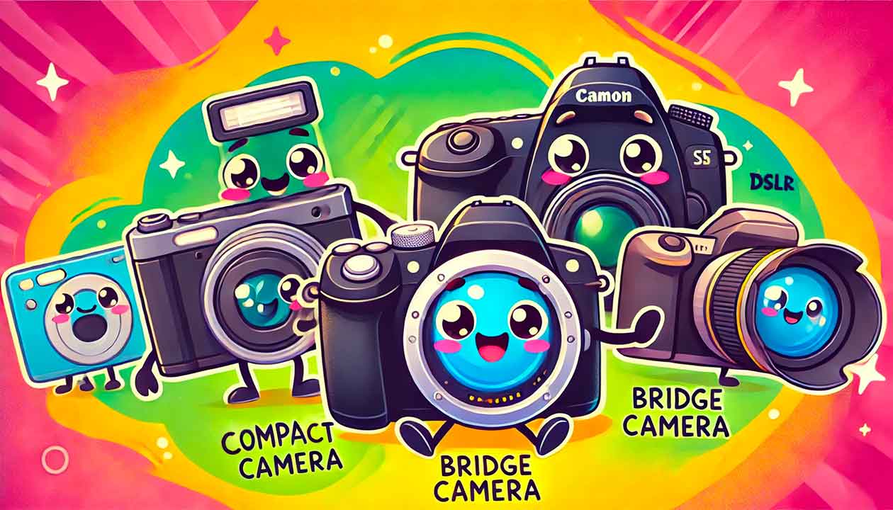 Comparaison des types d'appareils photo numériques : un appareil photo compact, un bridge avec un long objectif et un reflex numérique (DSLR) avec un objectif interchangeable. Image professionnelle et réaliste sur fond neutre, montrant Comment choisir son premier appareil photo numérique et les différences entre chaque type de caméra. Parfait pour guider les amateurs de photographie dans le choix de leur premier appareil photo.