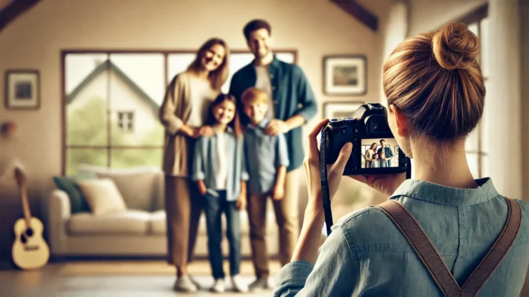 Photographe capturant un portrait de famille dans un cadre chaleureux et lumineux, illustrant la vocation de devenir photographe de famille.