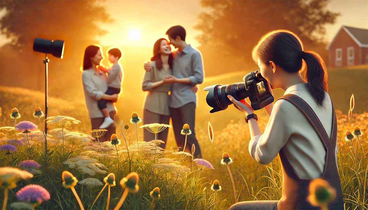 Une illustration photoréaliste représentant une photographe professionnelle capturant un moment familial en extérieur, lors de l'heure dorée. La scène montre un couple avec leurs deux jeunes enfants, riant et s’enlaçant dans un champ herbeux parsemé de fleurs sauvages. L’éclairage est doux et naturel, reflétant une ambiance paisible et chaleureuse. La photographe, concentrée et équipée d’un appareil photo professionnel, incarne la passion et le savoir-faire acquis grâce à une formation photographe de famille.