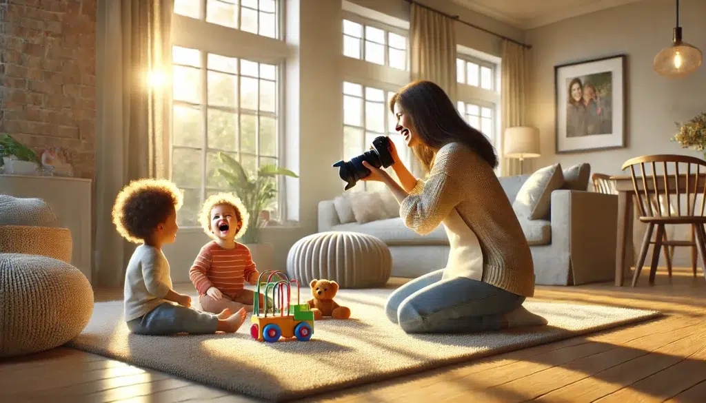 Une illustration photoréaliste mettant en avant l'essence de la formation photographe de famille. Dans un salon lumineux et accueillant, une mère utilise un appareil photo professionnel pour immortaliser un moment de joie entre ses deux jeunes enfants, qui jouent sur un tapis moelleux avec des jouets colorés. La scène reflète la chaleur de la vie familiale et le potentiel d’une carrière épanouissante grâce à une maîtrise des techniques apprises dans une formation dédiée à la photographie de famille.