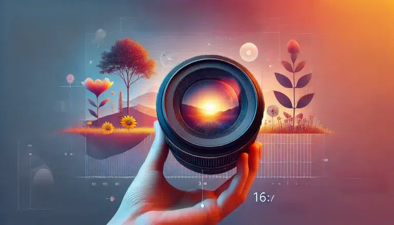 Illustration minimaliste mettant en avant le concept de profondeur de champ en photographie, avec une vue artistique d'un objectif moderne et un arrière-plan flou. Idéal pour symboliser le contrôle créatif et l'esthétique photographique.