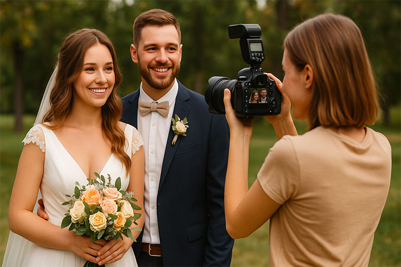photographe mariage débutante en reconversion, réalisant un shooting extérieur avec un couple de mariés, exemple de formation photo professionnelle