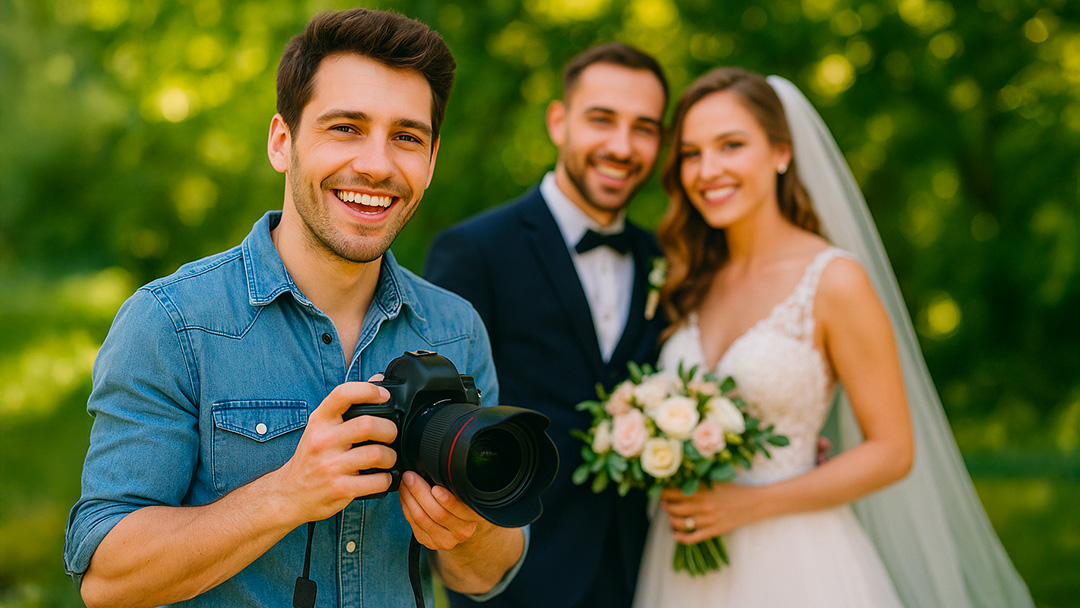 photographe mariage débutant réalisant un shooting extérieur avec un couple de mariés souriants, reportage photo professionnel accessible aux débutants