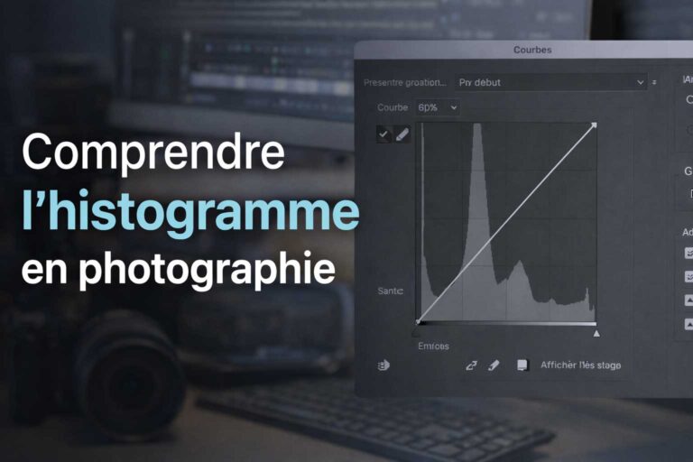 Illustration expliquant l’histogramme en photographie, avec un graphique de répartition des tons et une courbe de contraste utilisée pour analyser la luminosité d’une image.