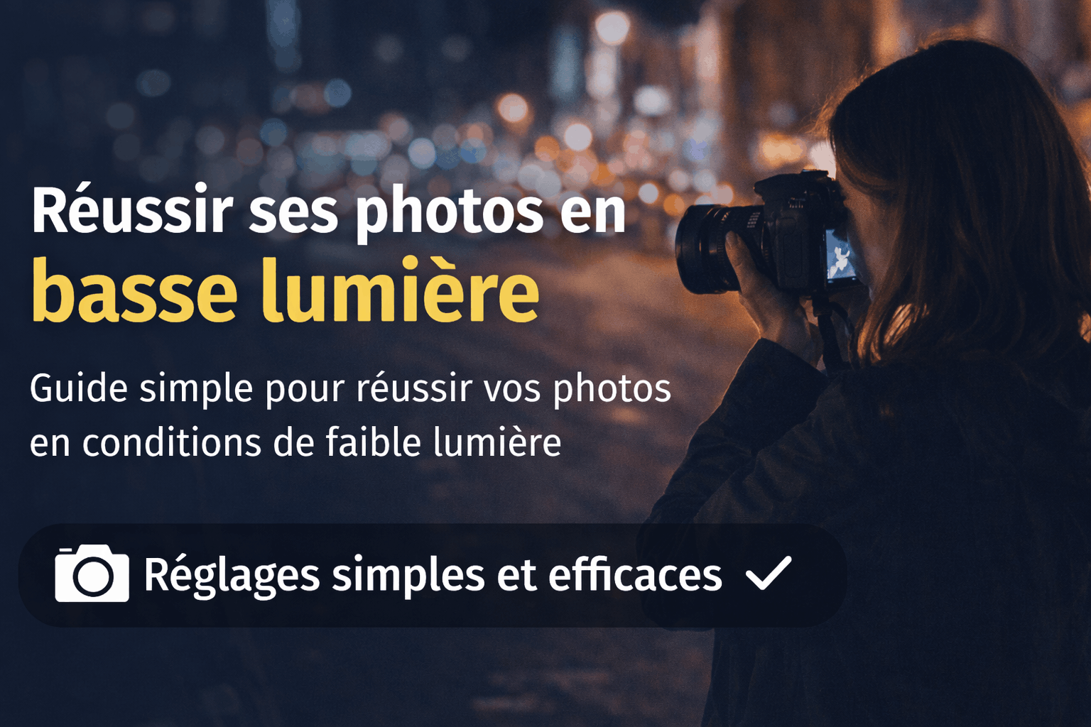 Photographe prenant une photo de nuit en basse lumière, illustrant comment réussir ses photos quand la lumière est faible